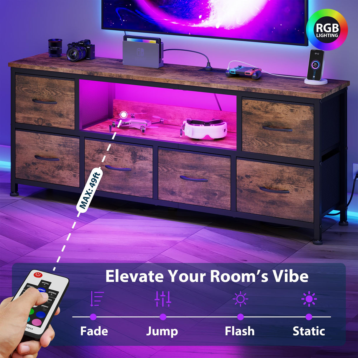 Lulive TV Stand for Bedroom, LED Rustic Brown Dresser for Living Room with 6 Fabric Drawers, 43 55in TV Stand with Power Outlet, Entertainment Center with Open Shelf Lulive