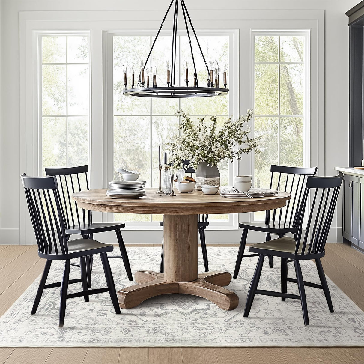 Jainmy Distressed Farmhouse 5x7 Area Rugs for Living Room Bedroom Non Slip Washable, Medallion Pattern Printed Low Pile Thin Carpet Rugs for Dining Room/Kitchen/Home Office, Off White/Grey Jainmy