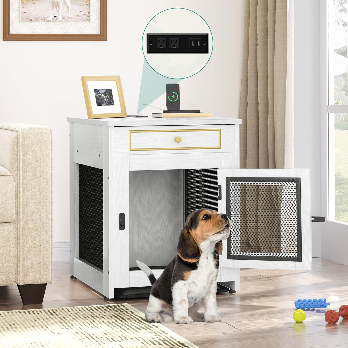 DWVO Dog Kennel Furniture with Dual USB Charger, Dog Crate End Table with Tray, Wooden Dog Crate Furniture with Cushion for Small Dogs, White DWVO