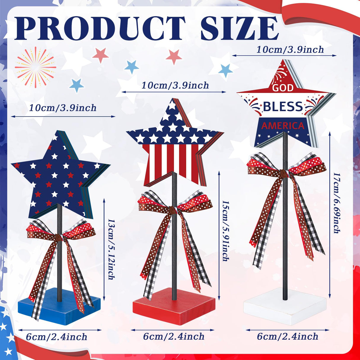3 Pcs 4th of July Stars Decoration Patriotic Centerpieces Wooden Standing Star Block Memorial Day Decoration Rustic Independence Day Centerpieces for American Festival Home (Bright Style) Amyhill