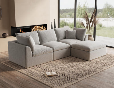 ohllob 110" Cloud Sectional Couches for Living Room, Boneless L-Shape Couch with Ottoman, 3 Seater Modular Sectional Sofa, Light Grey
