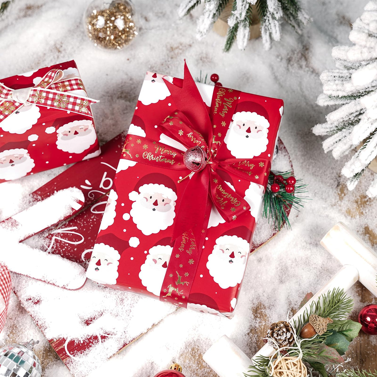 LeZakaa Christmas Wrapping Paper Roll - Mini Roll - 3 Rolls - 17 Inch X 120 Inch Per Roll - Red & White Penguins, Ho, Santa Claus, Christmas Elements Holiday Collection LeZakaa