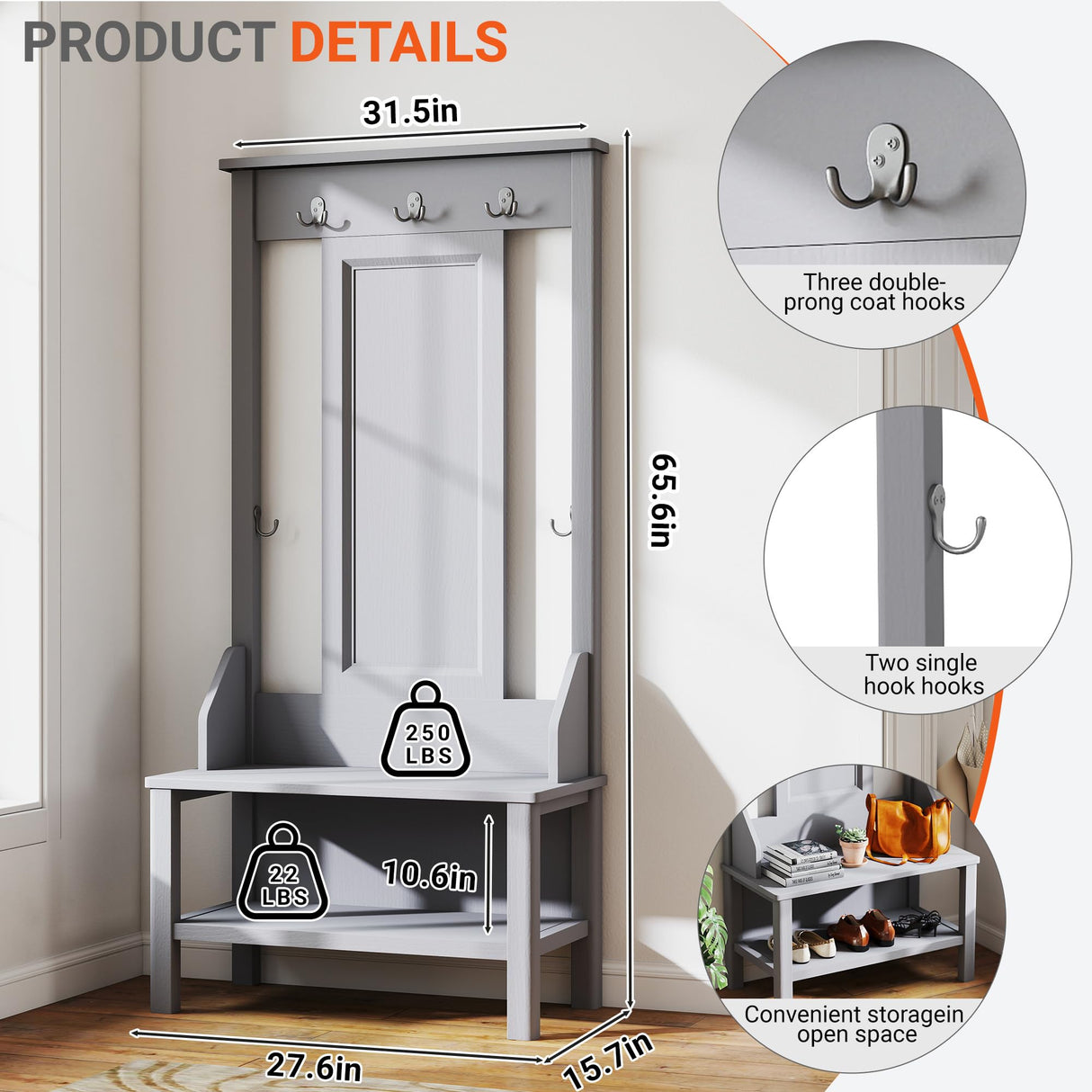 65" Farmhouse Hall Tree with Bench - 3-in-1 Entryway Organizer: Shoe Rack, Coat Hooks & Storage Shelves for Mudroom, Hallway (Gray) Delta Chairs