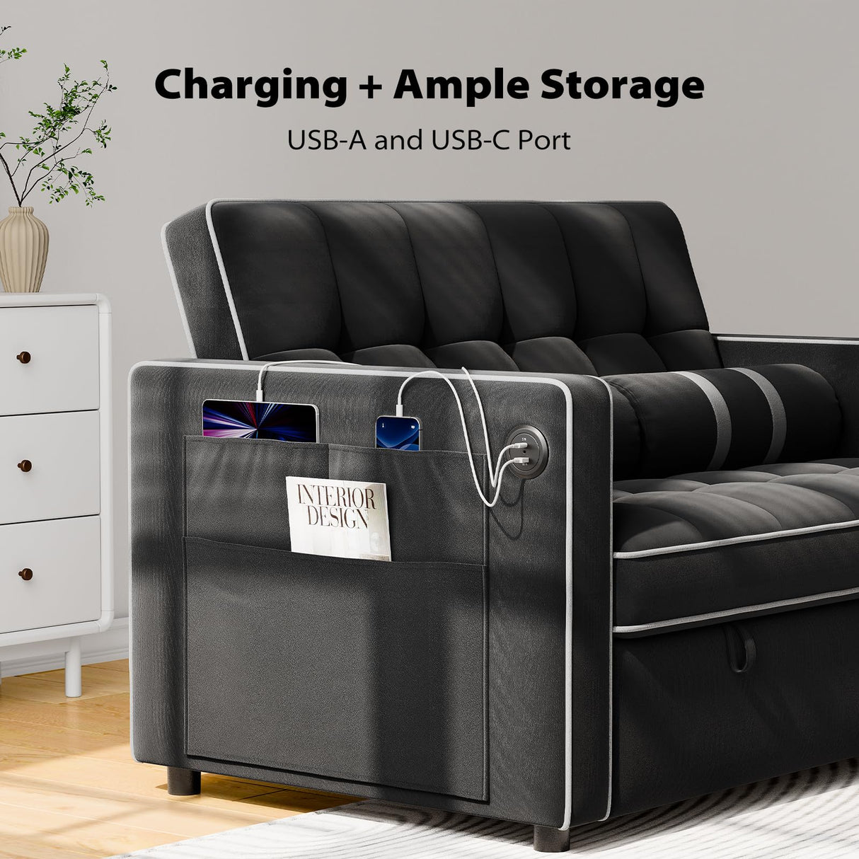 Pipishell 3 in 1 Sleeper Sofa Bed,Pull Out Couch for Living Room with USB Ports & Side Pockets,Adjustable Backrest,Velvet,Convertible Loveseat Sofa Bed,Futon Couches,Charcoal Black Velvet Pipishell