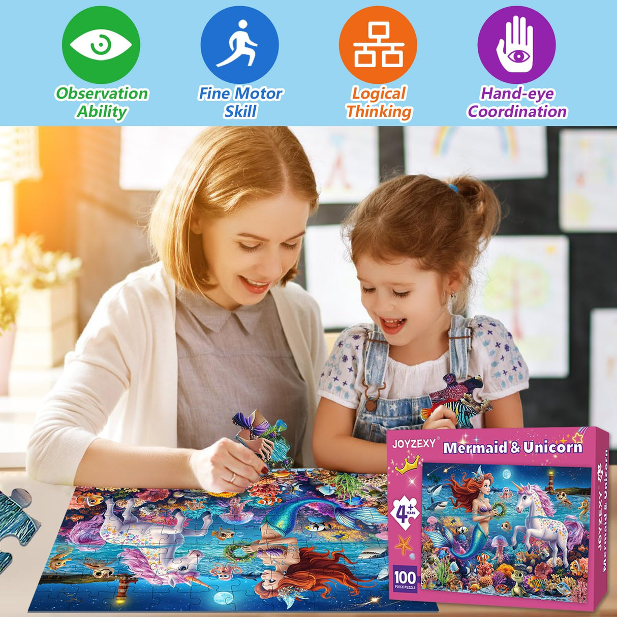 JOYZEXY 100 Piece Puzzles for Kids Ages 4-6-8, Mermaid and Unicorn Puzzles 100 Pieces for Kids, Underwater Scene Jigsaw Puzzle for Children Learning Educational Toys Gifts for Girls Boys JOYZEXY