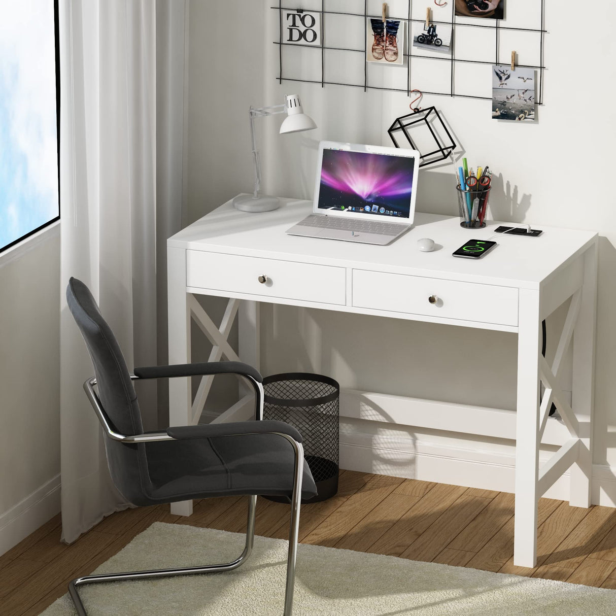 ChooChoo Computer Desk with USB Charging Ports and Power Outlets, 39" White Desk with Drawers, Small Study Writing Table with Stable X Frame for Home Office ChooChoo