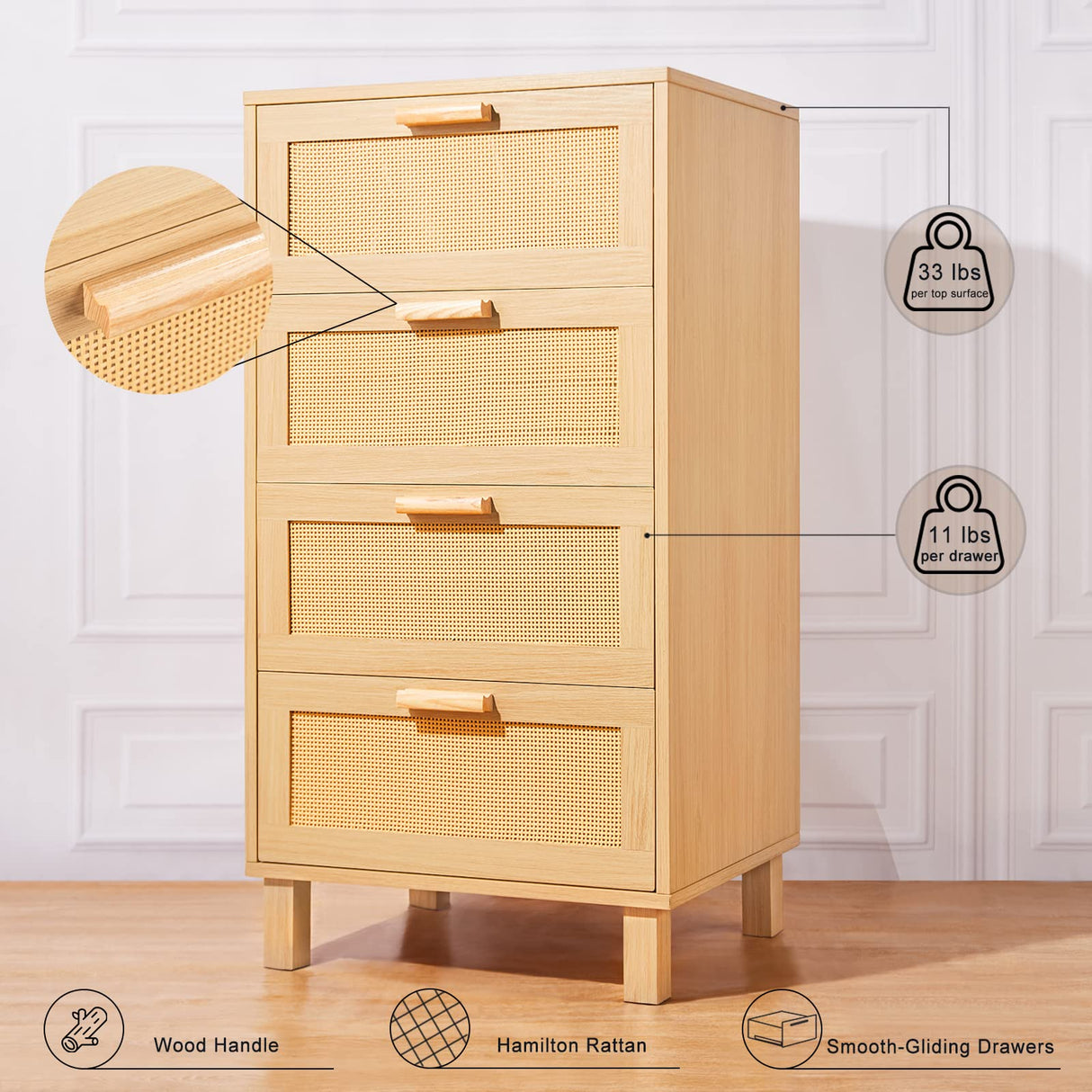 Graficial 4 Drawer Dresser, Dresser for Bedroom, Hamilton Rattan Chest of Drawers, Tall Bedside Storage Chest Dresser for Bedroom,Living Room, Oak Graficial