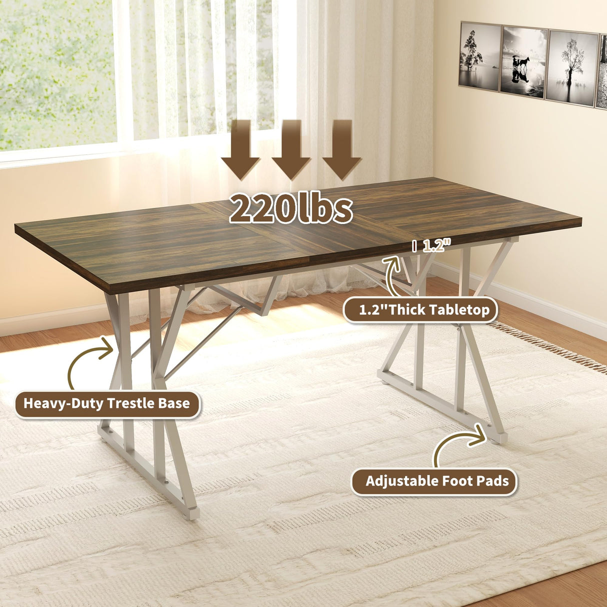HOMCOM 47"-63" Expandable Dining Table for 4-6 People, Farmhouse Dinner Table with Heavy Duty Metal Trestle Base, Rectangle Kitchen Desk, Distressed Brown HOMCOM