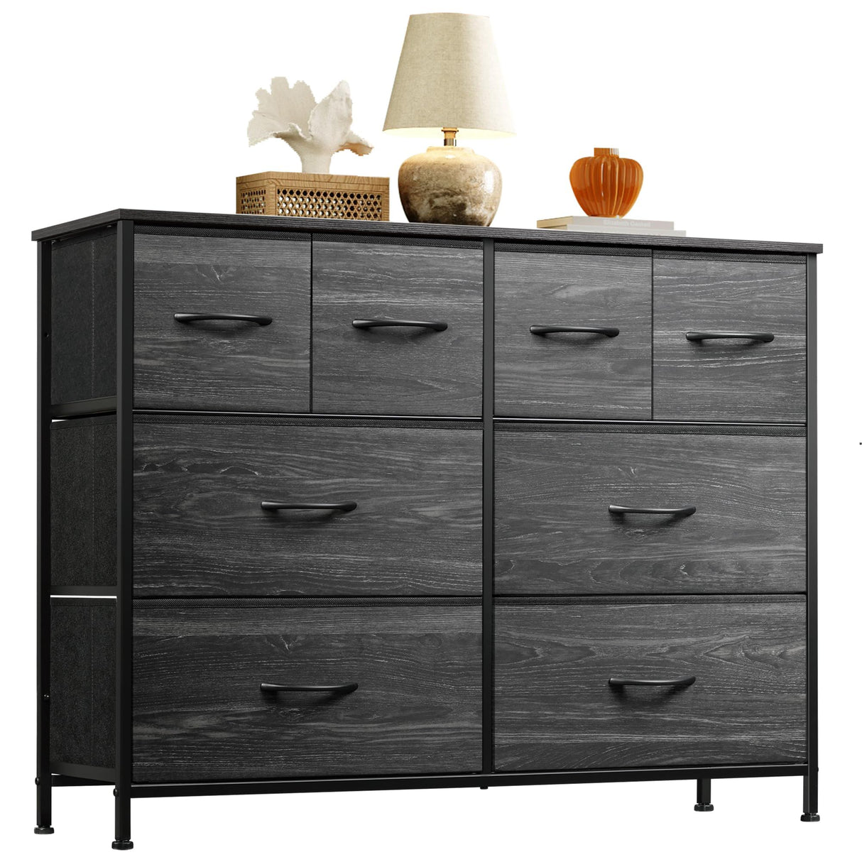 WLIVE Dresser for Bedroom with 8 Drawers, Wide Fabric Dresser for Storage and Organization, Bedroom Dresser, Chest of Drawers for Living Room, Closet, Hallway, Charcoal Black Wood Grain Print WLIVE