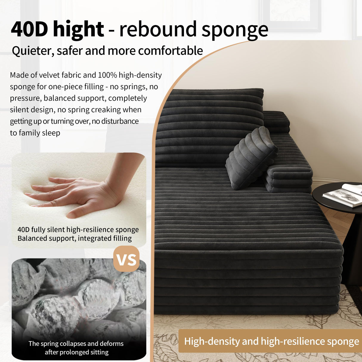 80” Oversized Double Lounge Chaise,Cloud Plush Sofa Bed,Upholstered Boneless Cloud Sofa Deep Seat,No Assembly Required,Modern Corduroy Sleeper Loveseat Chair for Living Room Bedroom Reading,Black Settab