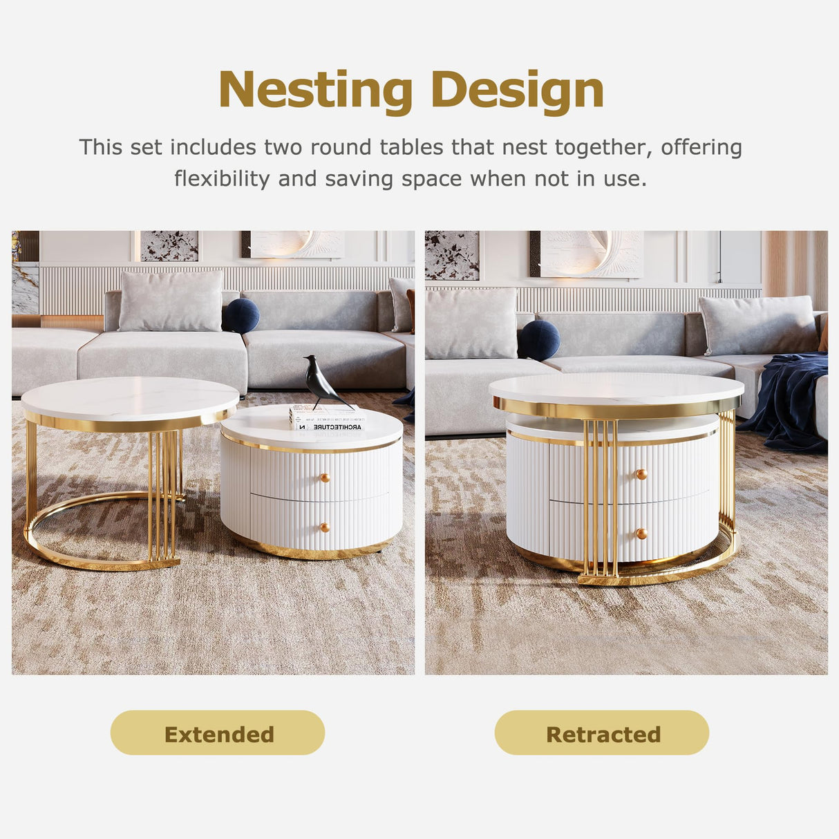 Merax 2 Pieces Modern Round Nesting Coffee Table with 2 Drawers, for Living Room, Small Space, Apartment, Gold+White Merax