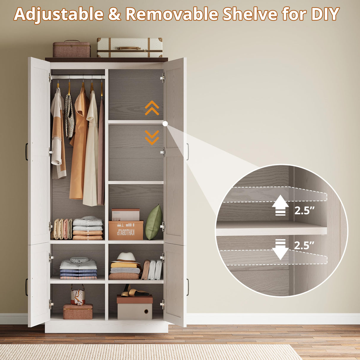 ModernMate Armoire Wardrobe Closet, 72" Tall Wood Cabinets with 4 Doors, Clothing Storage Closet Wardrobe with Adjustable Shelves, Hanging Rod, White Cabinet for Dressing Bedroom Living-Room ModernMate