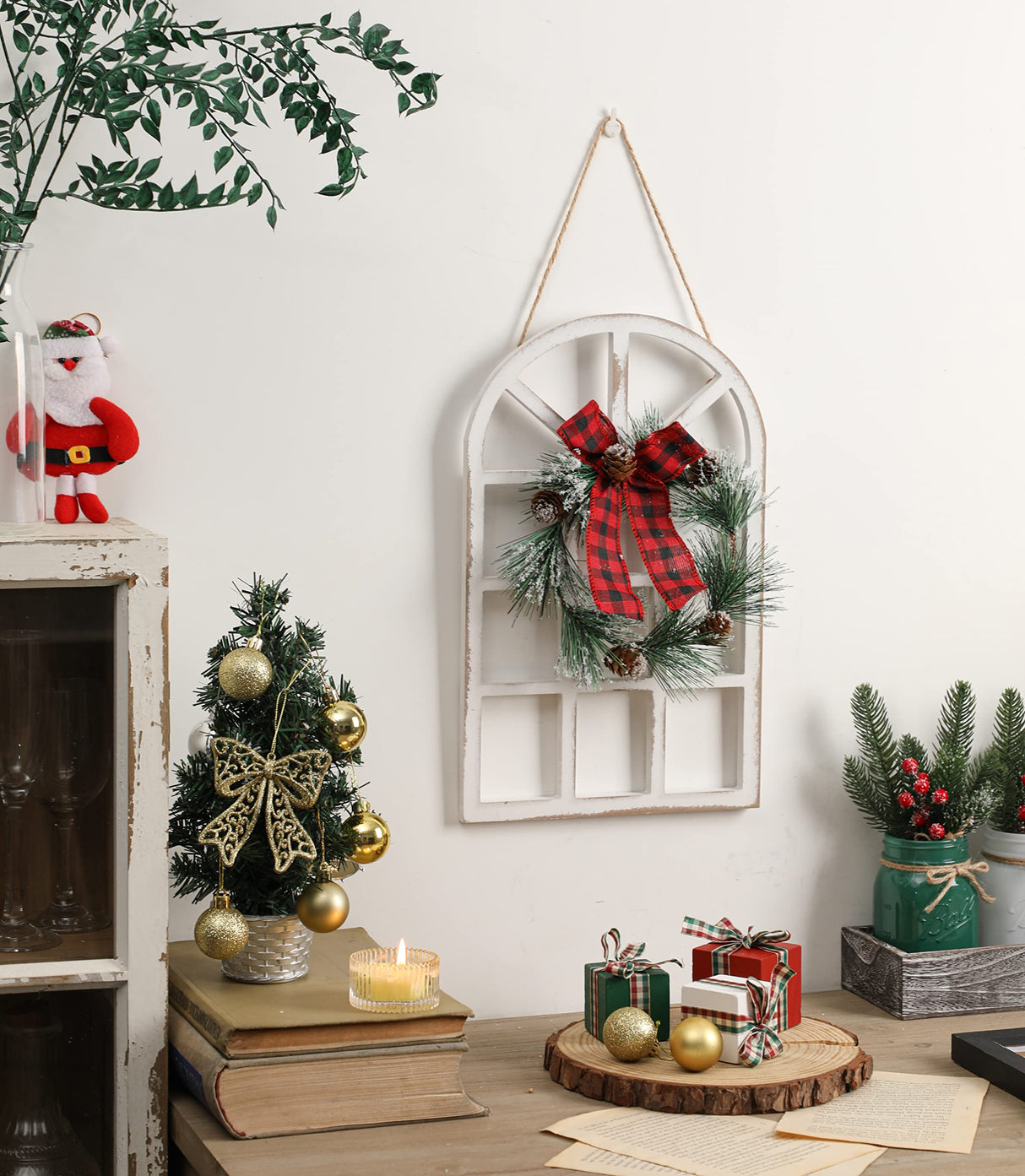 NEWLIGHTURE Wood Christmas Holiday Wall Hanging Indoor Outdoor Decorations Rustic Christmas Window Plaque Signs Wooden Arch with Wreath Christmas Home Party (Red-Black) NEWLIGHTURE