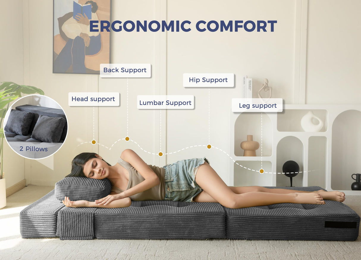 MAXYOYO Convertible Sofa Bed, Fold Out Loveseat Sleeper Sofa with Pillow, 4 in 1 Tufted Folding Couch Bed Foam Floor Couch, Lazy Chair for Living Room Bedroom Guest Room, Dark Grey MAXYOYO