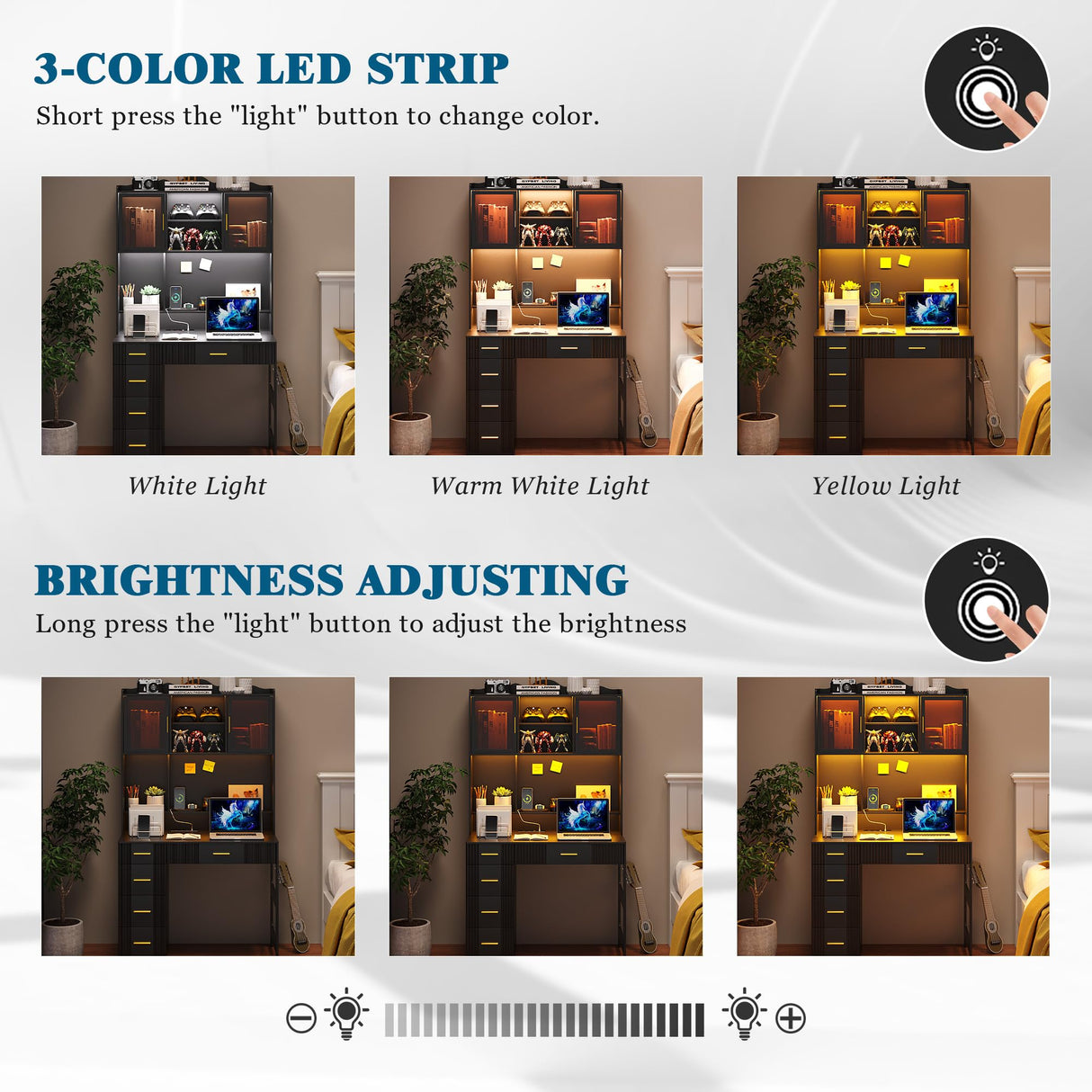 WOOVIVS LED Study Desk with Hutch and Drawer, Home Office Desk with Outlet, Computer Desk with Charging Station, Writing Desk for Bedroom, Workstation for Small Space (Black) WOOVIVS