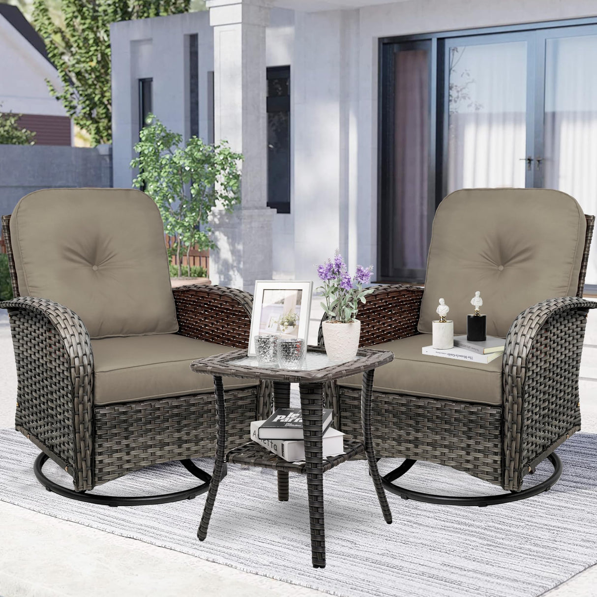 TIMWNER 3-Piece Swivel Rocker Wicker Chair Set of 2 ,360-Degree Rocking Chairs Outdoor with Cushions,Glass Table for Garden,Backyard, Bistro.Brown TIMWNER