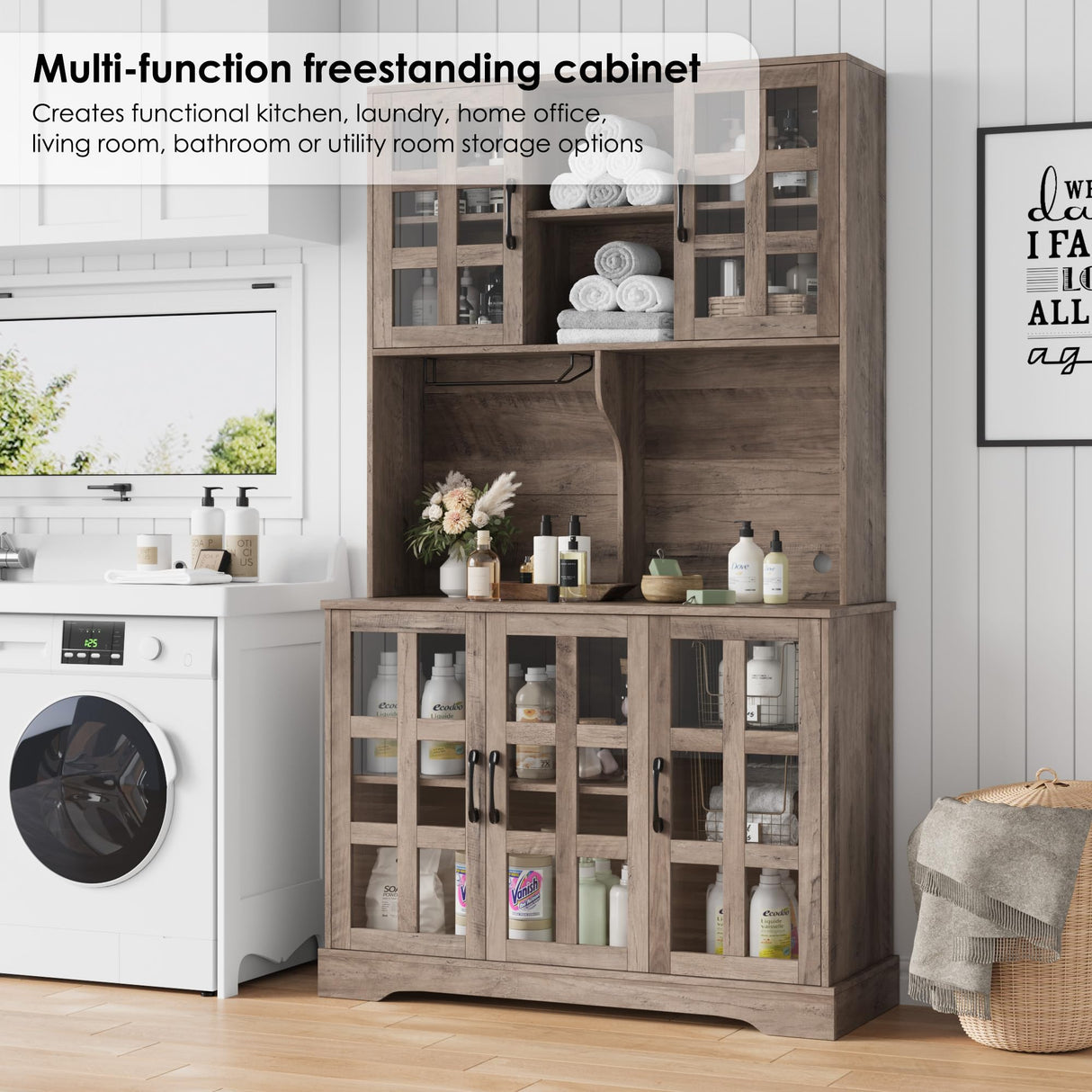 Keyluv Kitchen Pantry Storage Cabinet 71" Tall Freestanding Pantry Cabinet, Farmhouse Glass Door Buffet with Oven Countertop, Large Wood Hutch for Kitchen, Living Room and Dining Room, Rustic Keyluv