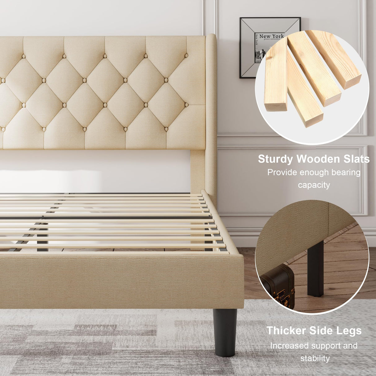 Feonase King Size Bed Frame with Wingback Tufted Headboard, Upholstered Platform Bed Frame with Heavy Duty Wooden Slats Support, Noise-Free, No Box Spring Needed, Easy Assembly, Beige Feonase