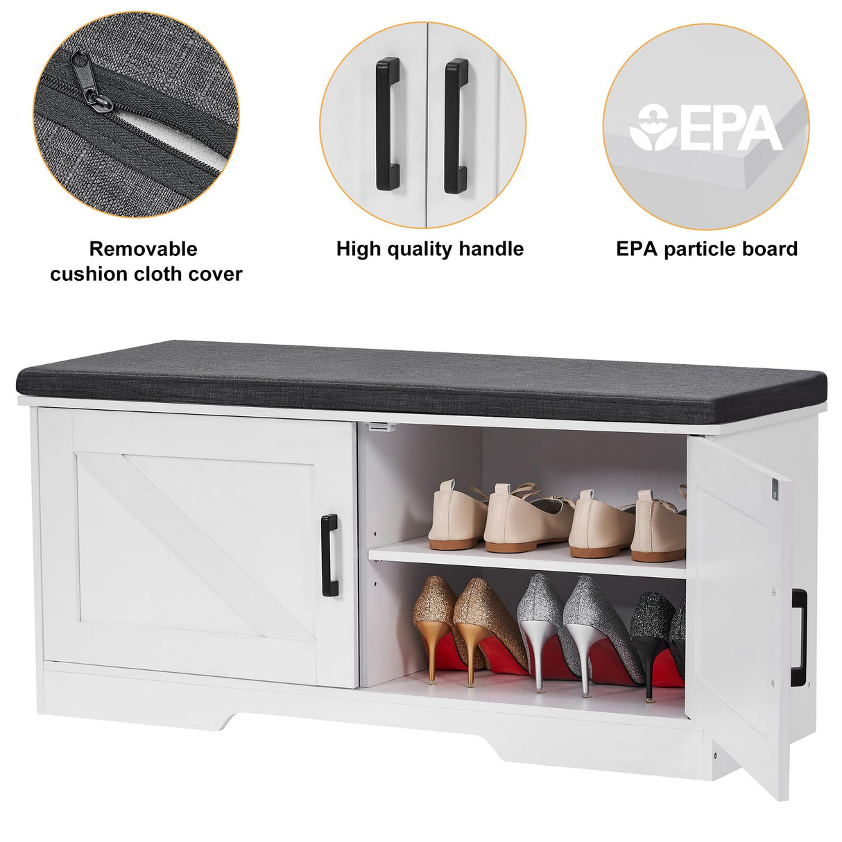 HOMSHO 2-Tier Storage Bench,Shoe Bench with Padded Seat Cushion, Entryway Bench with 2 Barn Doors,Adjustable Shelf, 39.4" L x 13.8" W x 17.7" H, for Entryway, Living Room, Bedroom,White HOMSHO