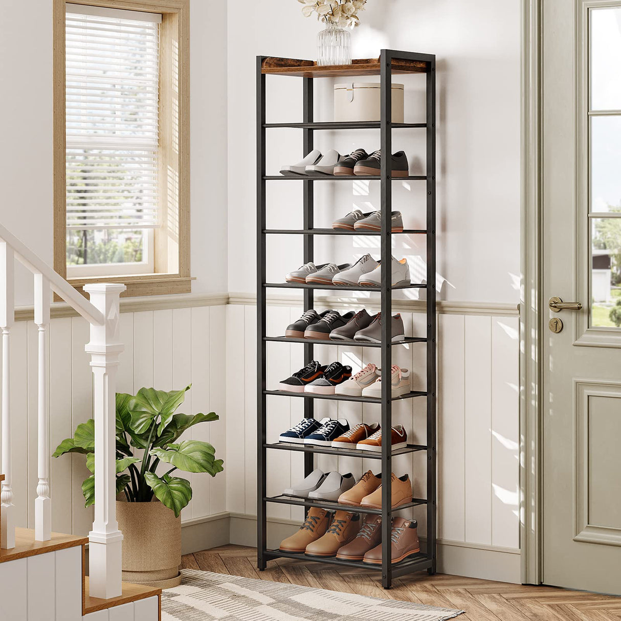 HOOBRO 10 Tier Shoe Rack, Narrow Shoe Storage Organizer with 9 Metal Shelves, Saving Space, Stable and Sturdy, Hold 18-27 Pairs of Shoes, for Entryway, Hallway, Living Room, Rustic Brown BF40XJ01 HOOBRO