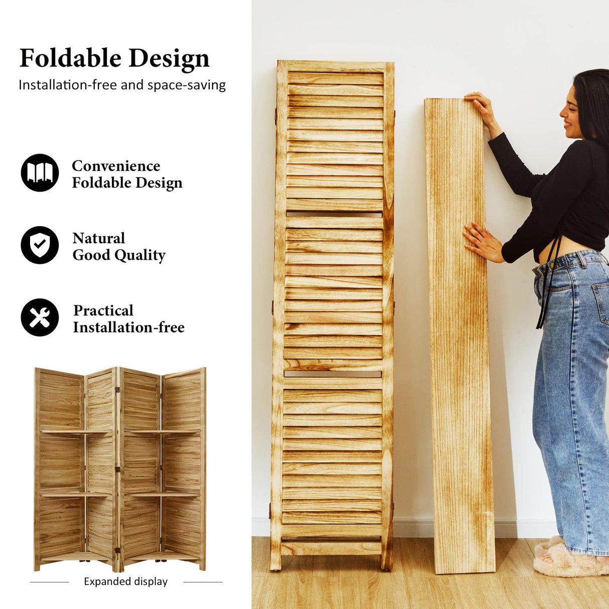 Partition Room Dividers, 67 * 51inch Folding Wood Privacy Screen with Three Display Shelves Suitable for Home Office, Study, Art Display - 4 Panel(Natural) Svimi