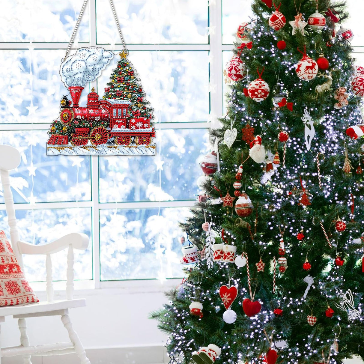 NAIMOER Christmas Diamond Art Hanging Kits for Adults, Christmas Train Diamond Art Suncatchers, 5D Special Shape Fall Diamond Painting Pendant Window Ornament Gifts for Home Garden Door Wall Decor NAIMOER