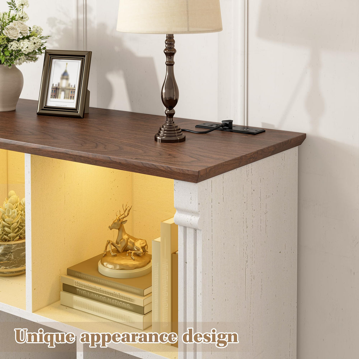 EnHomee 7 Cube Storage Organizer with LED Light and Charging Station Wood Cube Shelf White Bookshelf for Bedroom Living Room,Office,White EnHomee