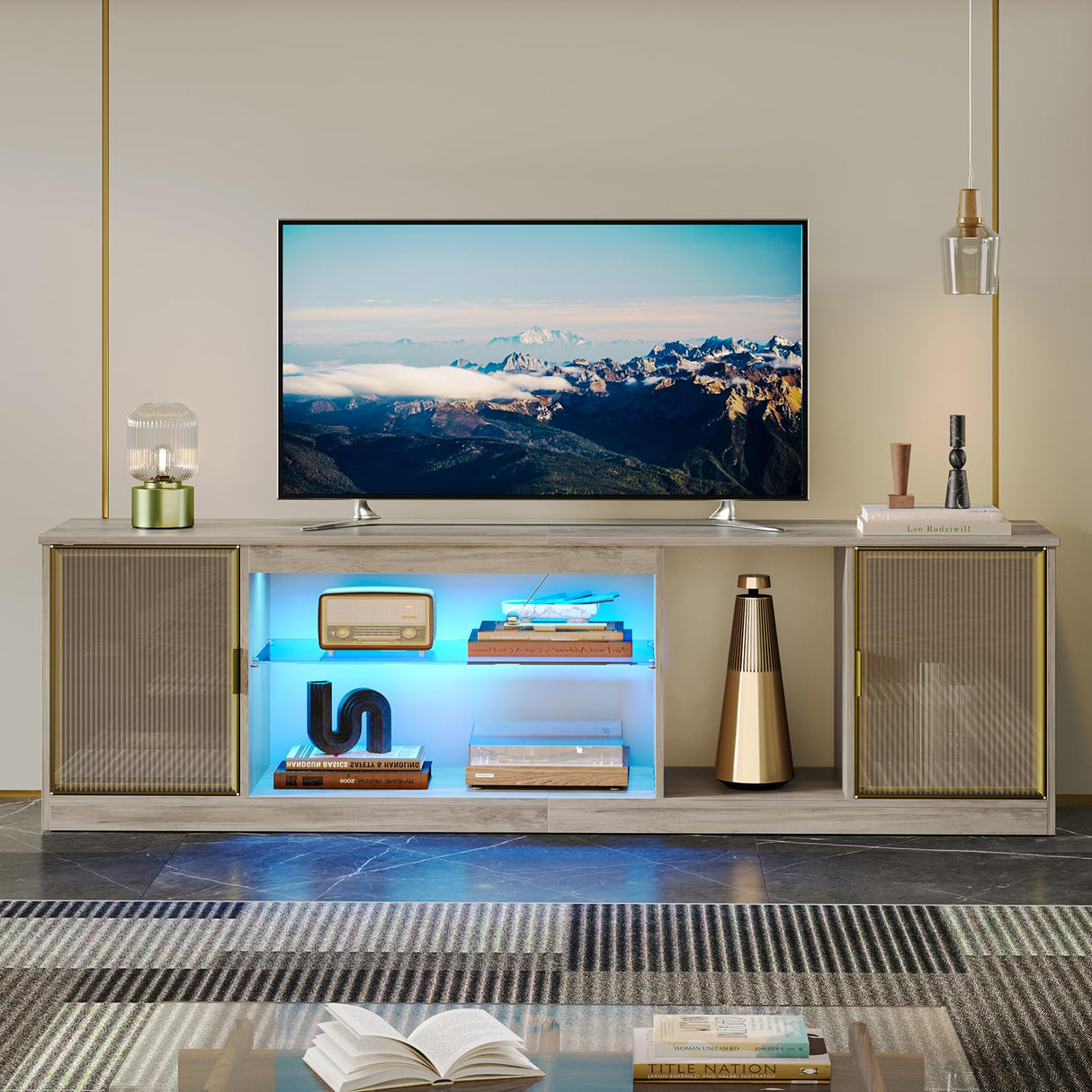 Bestier LED 70 inch TV Stand for 80 inch TV, Modern Entertainment Center with Storage Cabinet for PS5, TV Console for Living Room Bedroom, Adjustable Glass Shelf & Acrylic Doors, Grey Bestier