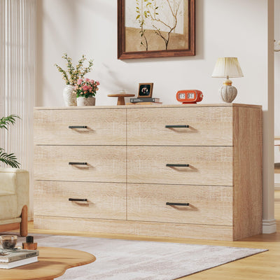 LIMGLIM 6 Drawer Dresser for Bedroom, Wooden Chest of Drawers with Metal Handles, Mid Century Modern Bedroom Dressers, TV Stand Large Storage Organizer for Living Room, Entryway, Light Oak