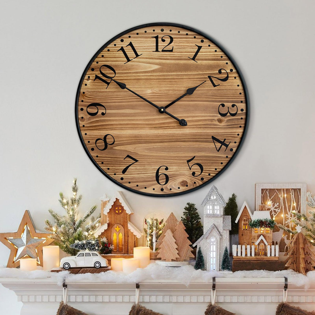 UPPER DECOR Rustic Farmhouse Wall Clocks for Living Room Decor, Large 24 inch Wall Clock with Dark Brown Wooden Face and Black Metal Frame, Silent Battery Operated for Kitchen Bedroom Entryway UPPER DECOR