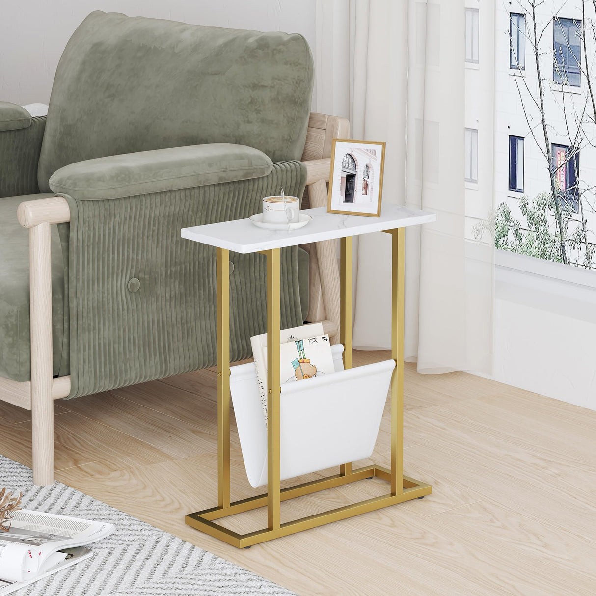 Yusong Small Narrow Side Table for Small Spaces, 17.7" W Slim End Table Magazine Table Nighstand with Storage Holder, Accent Skinny Snack Couch Bedside Table, Gold White, Complete Iron Pipes Yusong