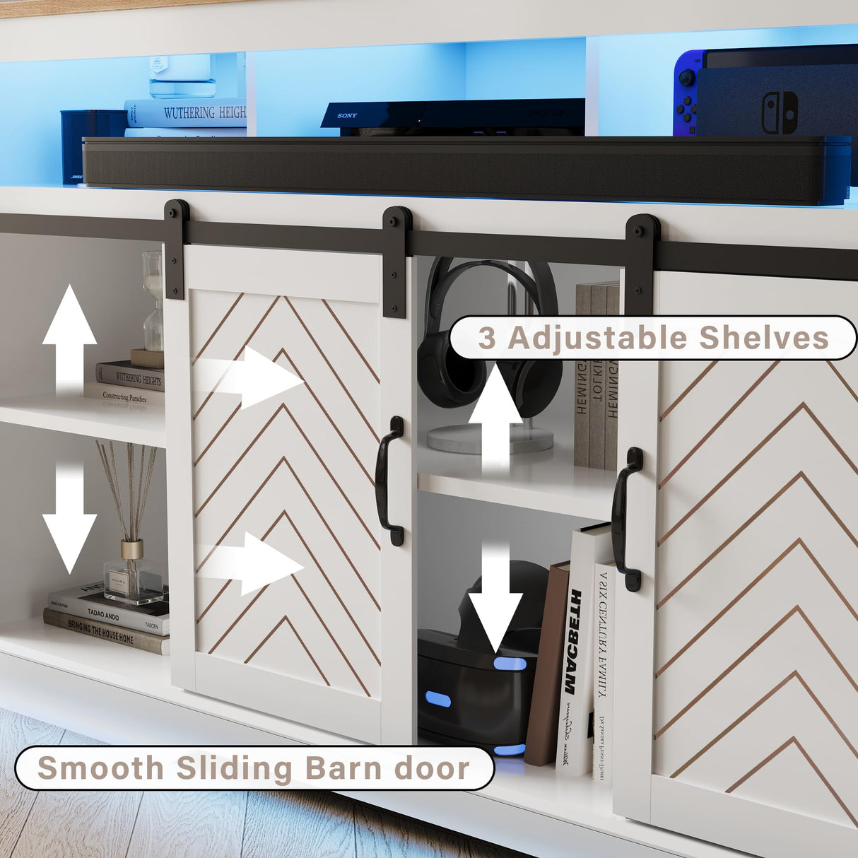 amzzar 58” Wooden Farmhouse TV Stand for 65 inch TV, Rustic Tall Entertainment Center with Power Outlets and Sliding Barn Door, TV Console Cabinet with Storage for Living Room, White, Large amzzar