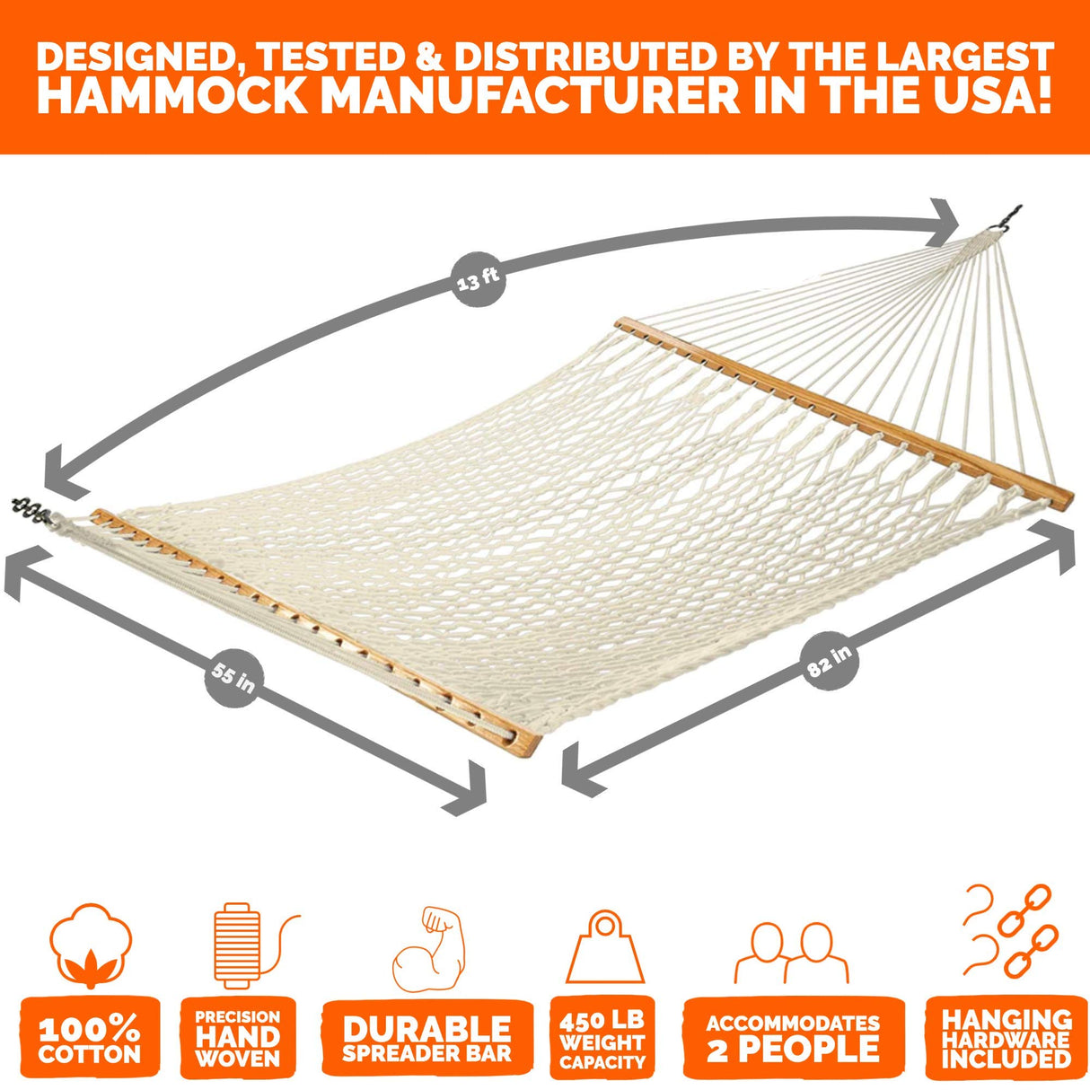 Castaway Living 13 ft. Double Traditional Hand Woven Cotton Rope Hammock with Free Extension Chains & Tree Hooks, Designed in The USA, Accommodates Two People with a Weight Capacity of 450 lbs. Castaway Hammocks