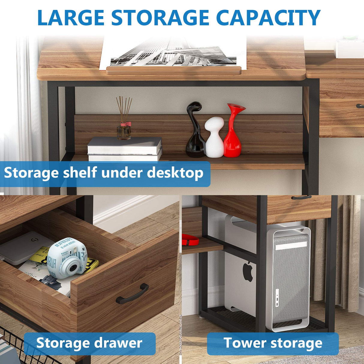 Tribesigns Drafting Table with Storage Drawers, Drawing Computer Desk Artist Craft Table Painting Desk Workstation with Shelves and Tiltable Tabletop for Students, Home Office Tribesigns