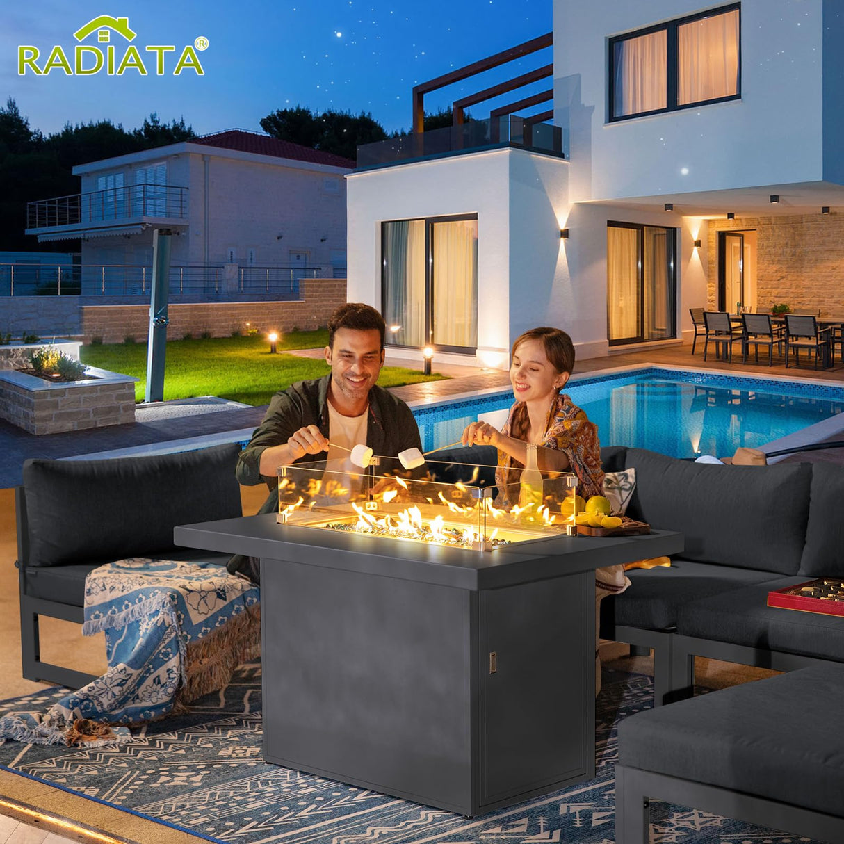 RADIATA Outdoor Aluminum Patio Furniture with Fire Pit Table, Modern Outdoor Patio Furniture Set 11 Pieces, Gray Frame Wide Seat Oversized Sectional Conversation Set for Poolside, Backyard, Grey RADIATA