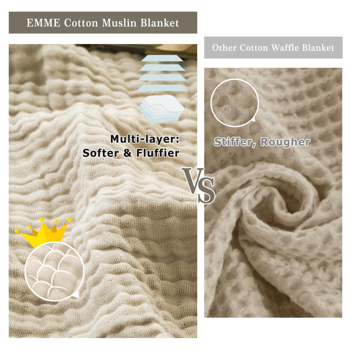 EMME Cotton Throw Blanket Large 50"x70" Gifts for Women 100% Muslin for Couch Breathable Gauze All Season Light Tan Soft and Lightweight Pre-Washed EMME