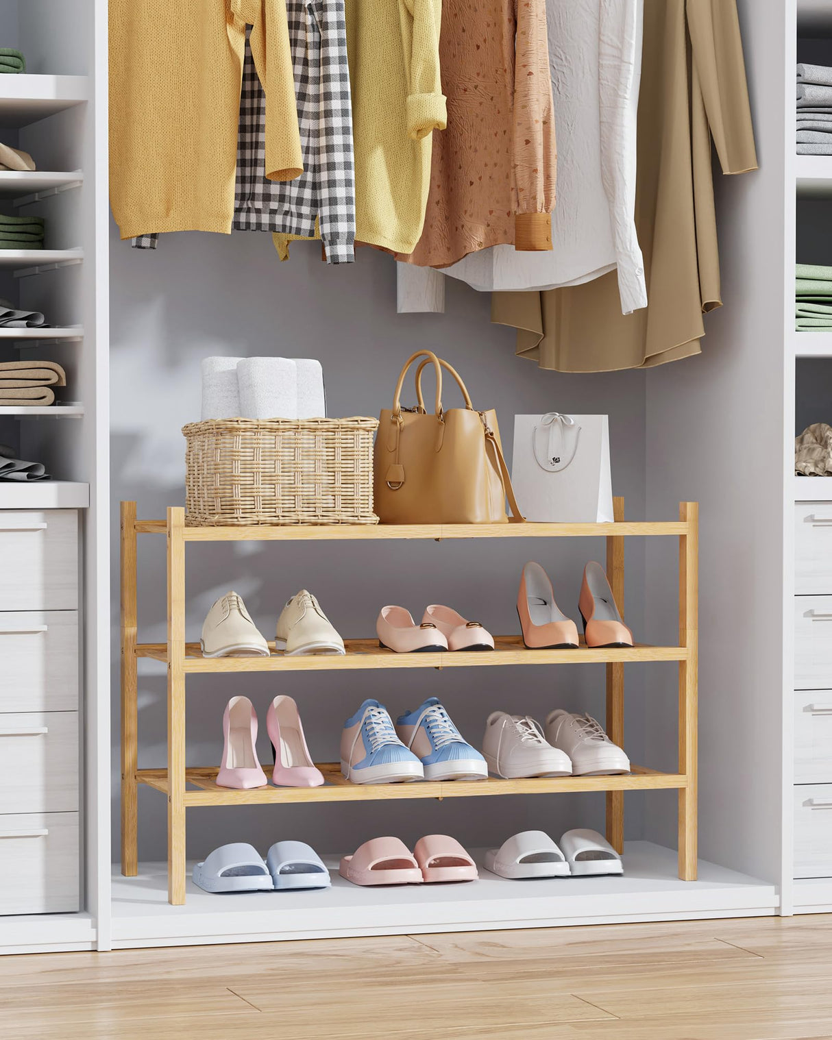 Kitsure Bamboo Wooden Shoe Rack for Closet - Stackable Shoe Organizer with Modular Structure, Space-Saving Shoe Shelf for Entryway, Living Room, Bedroom, 26.8" x 11" x 18.9", Natural Kitsure