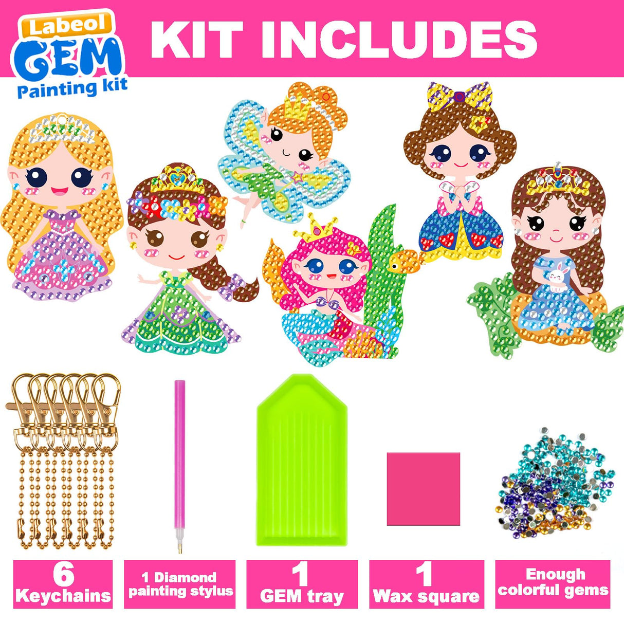 Labeol Arts and Crafts for Kids Ages 8-12 - Creat Your Own GEM Keychains-5D Diamond Art by Numbers GEM Art Kits for Kids Girls Toddler Crafts Age 6-7 6-8 10-12 (Princess) Labeol