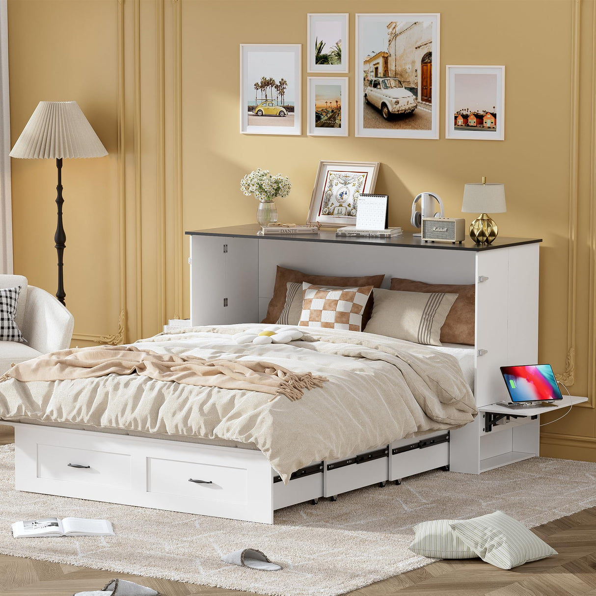 PAKASEPT Queen Murphy Bed - Murphy Cabinet Bed with Storage & Charging Station, Farmhouse Bed Frame with Foldable Panel and Hidden Space, for Living Room, Guest Bedroom PAKASEPT