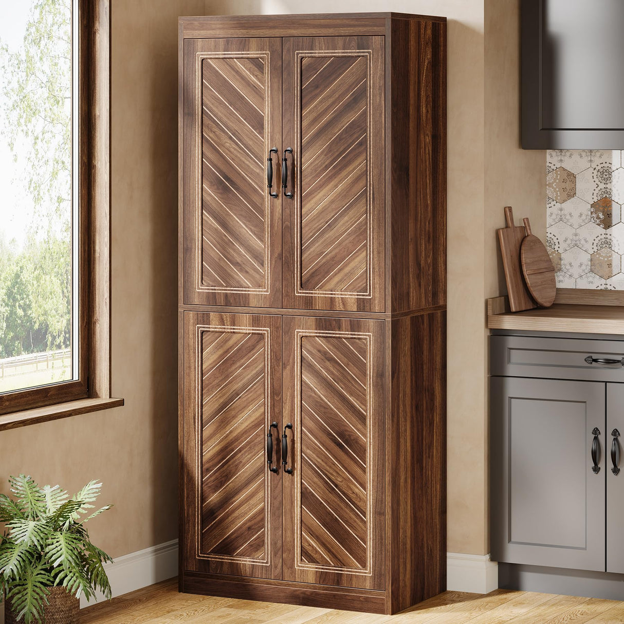 Tribesigns 69" Tall Kitchen Pantry Cabinet, Farmhouse Pantry Kitchen Cabinet with 4 Doors and 4 Adjustable Shelves, Rustic Wood Cupboard for Kitchen, Dining Room, Living Room Tribesigns