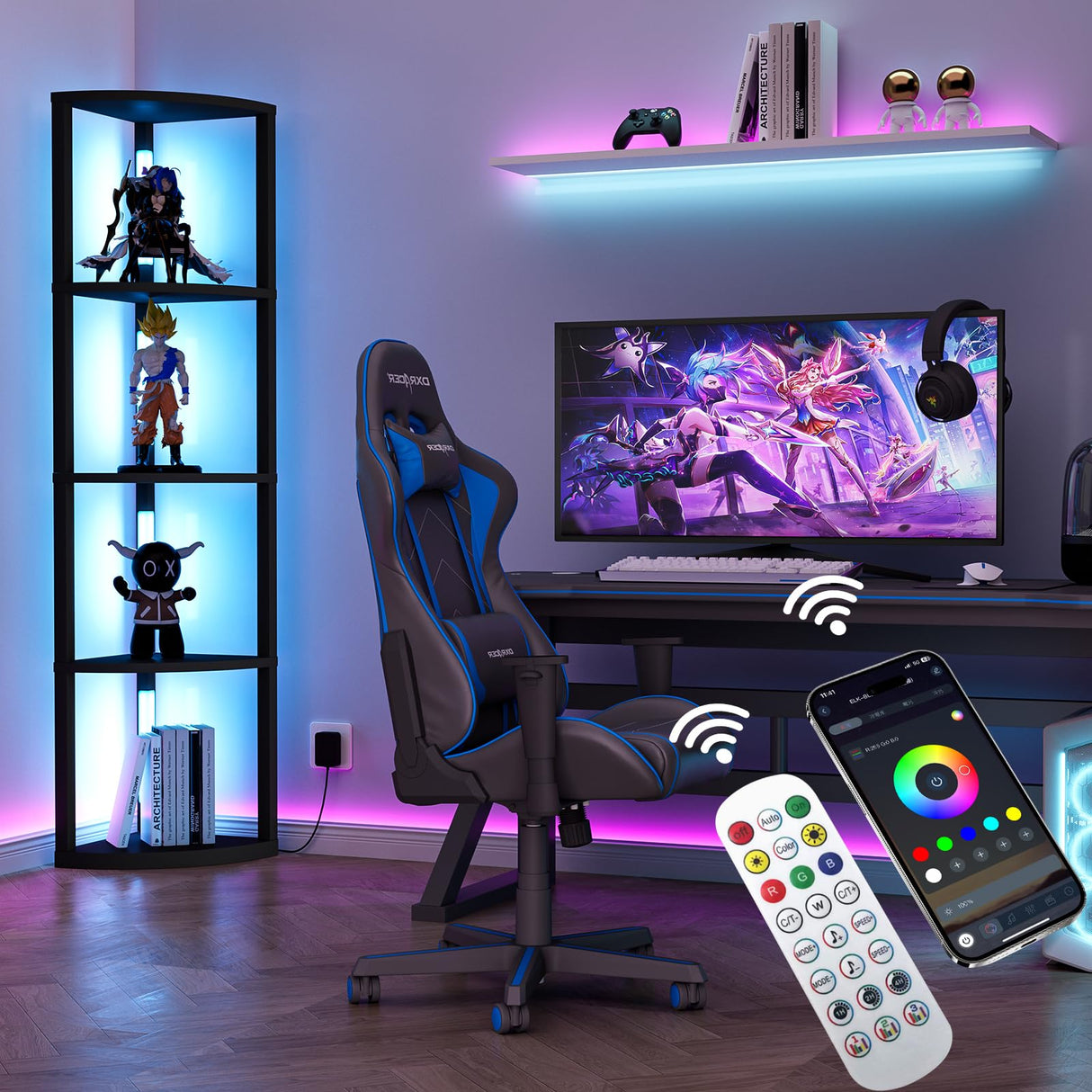 VILICK Corner Shelf with Light 5 Tier Tall Standing Shelf Dimmable Corner Floor Lamp with Shelves LED Corner Bookshelf Display Cabinet Shelf for Living Room, Bedroom, Home Decor VILICK