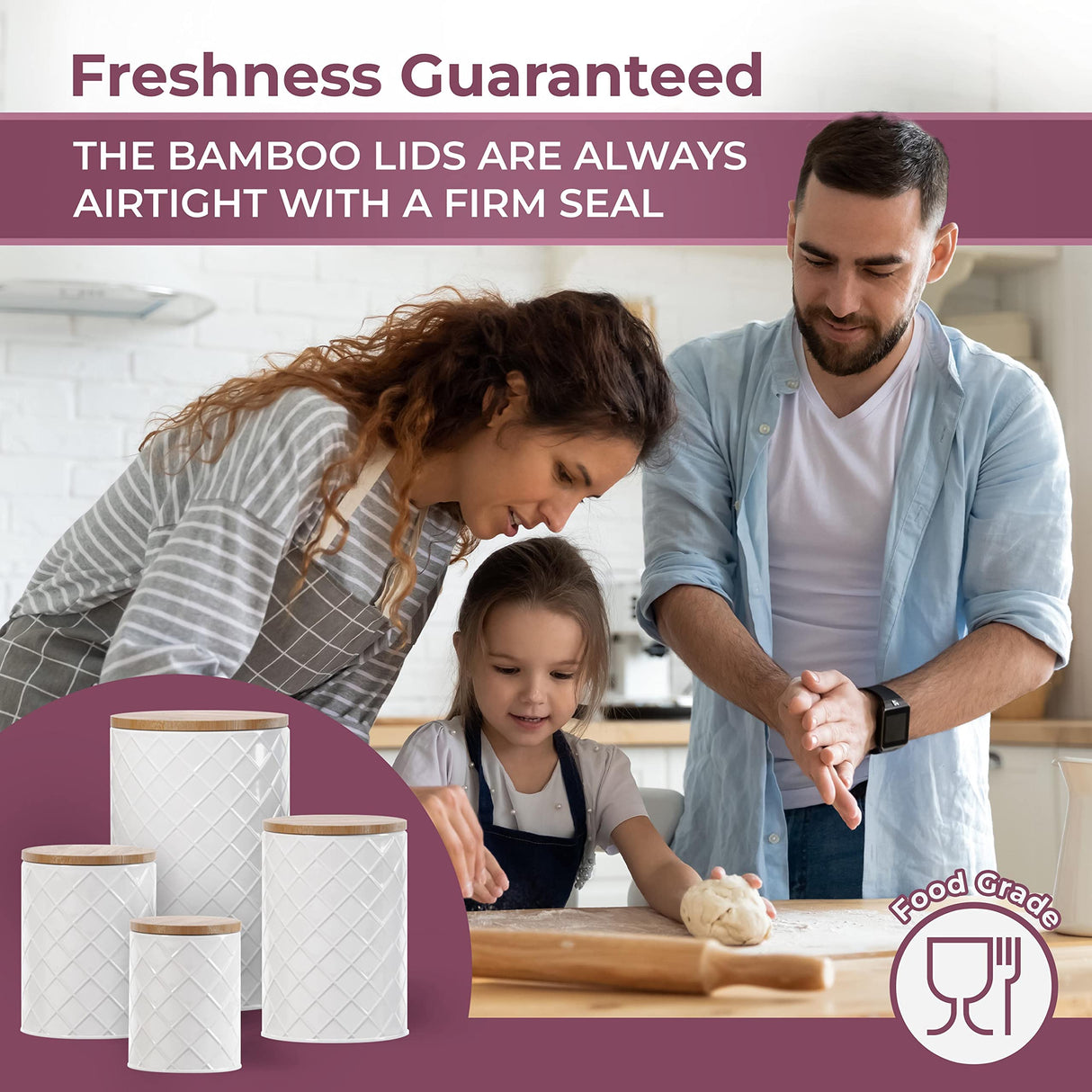 Pebble & Stem White Metal Canisters Sets for the Kitchen Counter, Kitchen Canisters Set of 4, Airtight Lids,Sugar and Flour Containers for Countertop, Coffee and Tea Storage, Farmhouse Decor Pebble & Stem