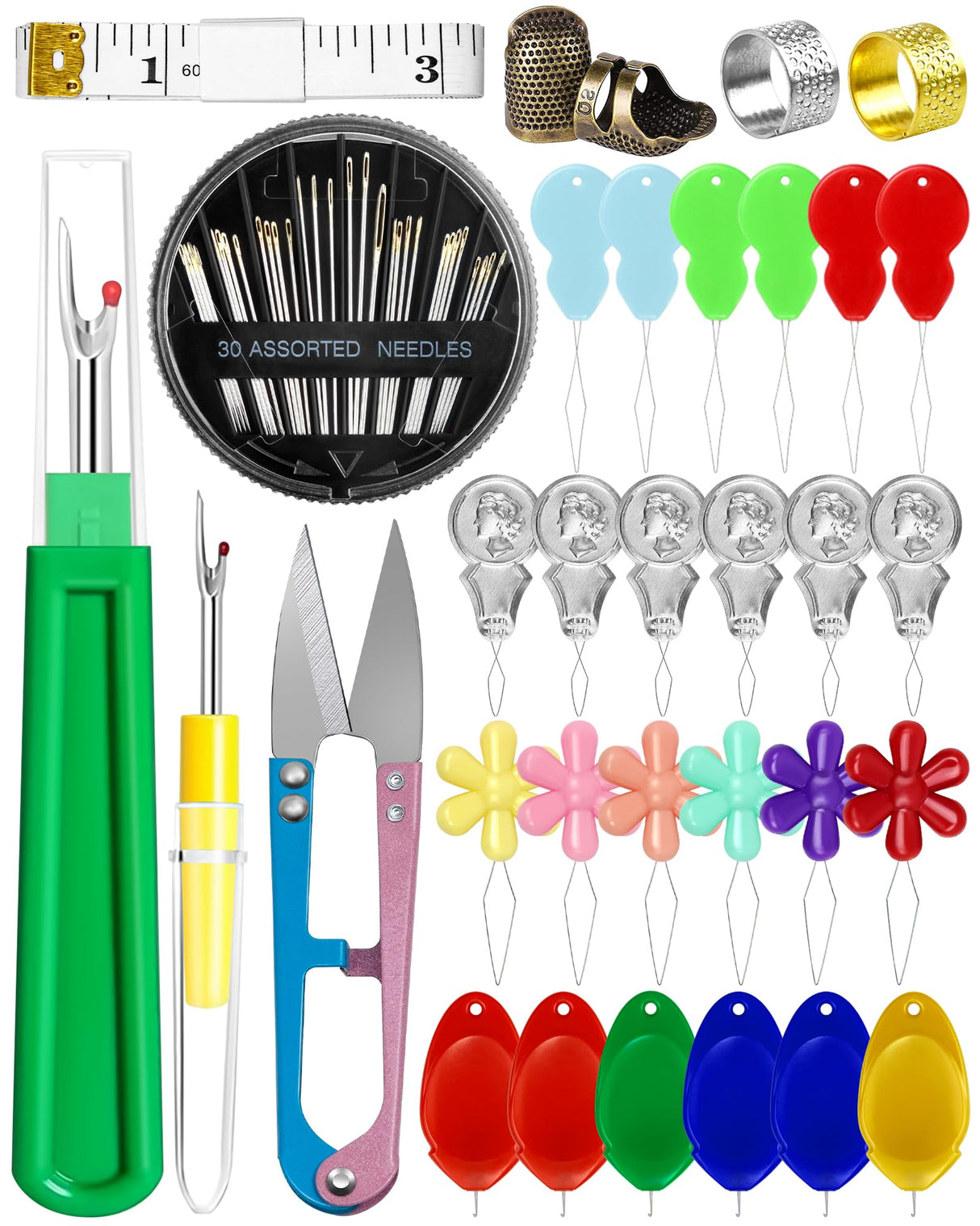 FIVEIZERO Needle Threaders Kit, 24 PCS Needle Threader for Hand Sewing, Needles Threader for Swing & Embroidery Floss with Embroidery Needles, Seam Ripper, Thread Snips, Thimble and Measuring Tape FIVEIZERO