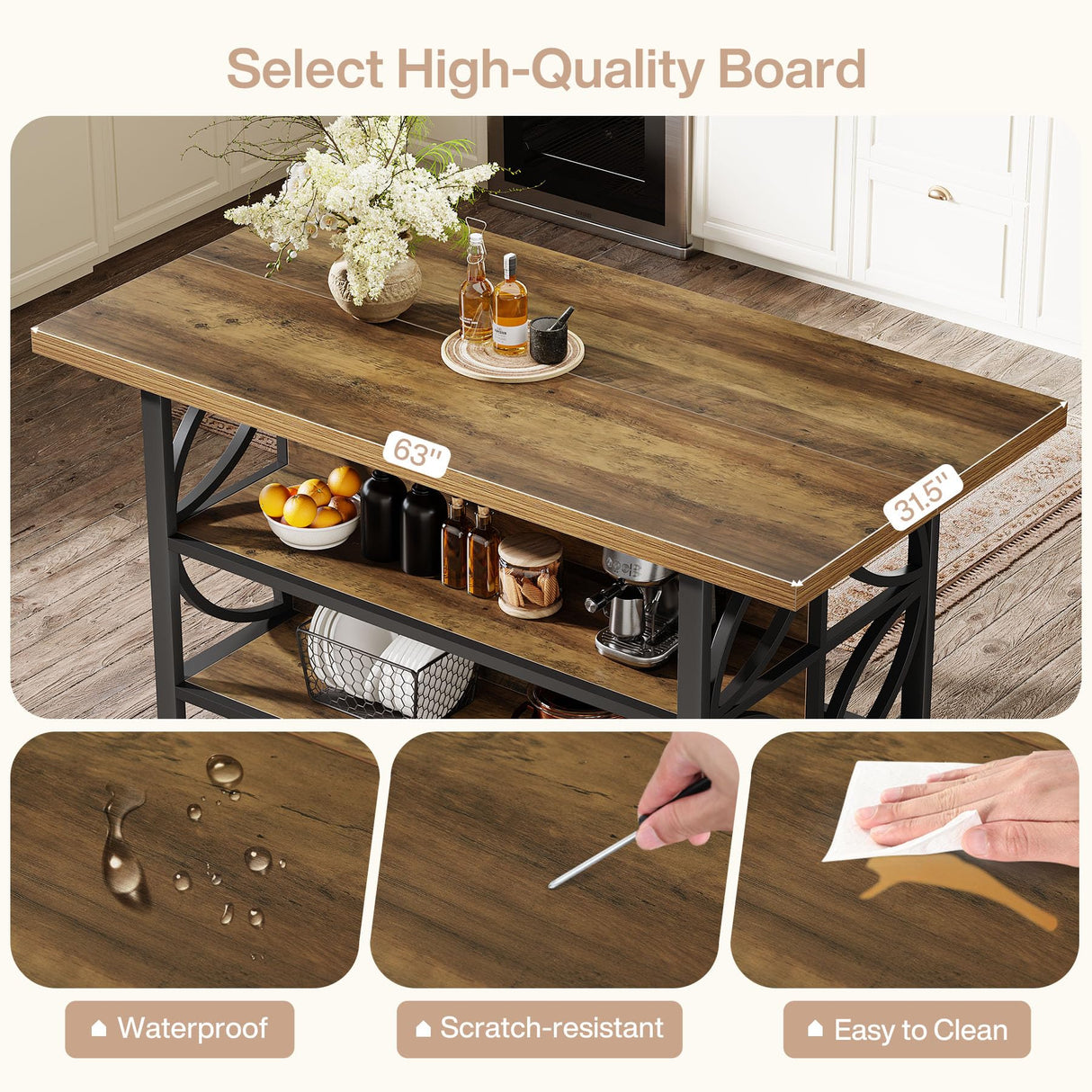 Tribesigns Kitchen Island with Storage, 62.99-Inch Kitchen Island Table with 2 Shelves and Large Worktop, Industrial Bar Table, Easy to Assemble, Rustic Brown (Stools Not Included) Tribesigns