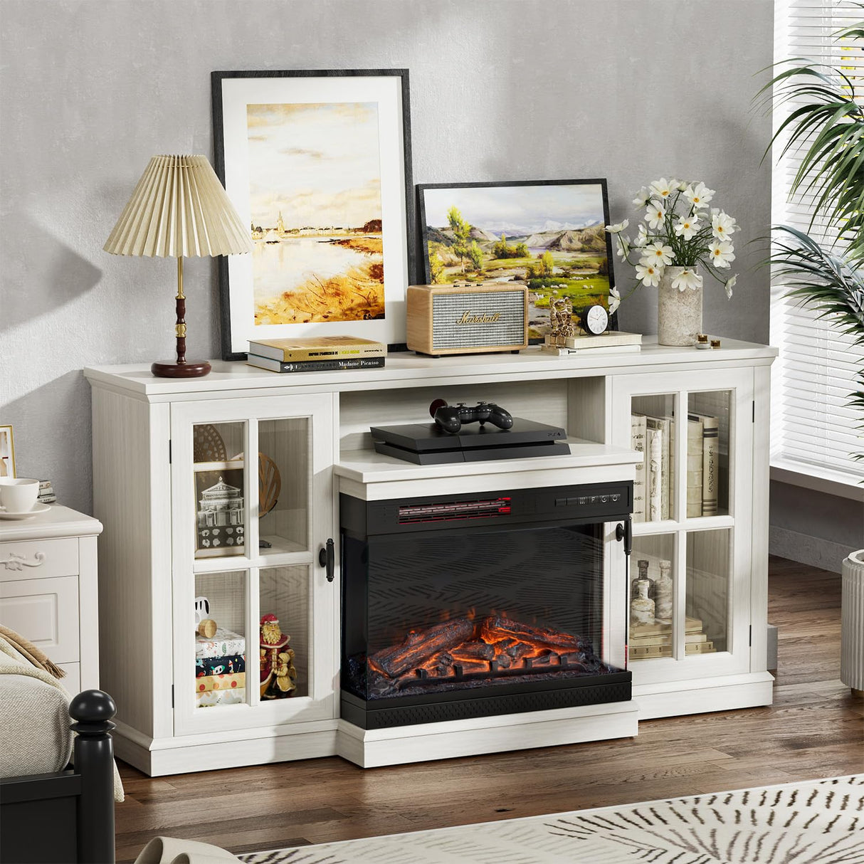 JUMMICO Fireplace TV Stand for TVs up to 65'', 3-Sided Glass Media Entertainment Center Console Table with Cabniet Storage Adjustable Flame LED Color for Living Room (Distressed White) JUMMICO