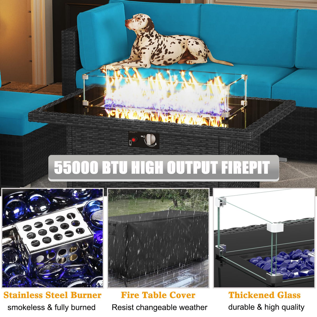 LayinSun 8 Piece Patio Furniture Set with 44" Propane Gas Fire Pit Table, Outdoor Sectional Conversation Set Wicker Rattan Sofa Set with Coffee Table LayinSun