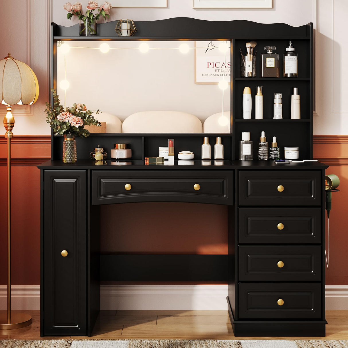 Maupvit Makeup Vanity with Mirror and Lights,Black Vanity Desk with Drawers and Shelves,Large Makeup Table with Glass Top,Bedroom Dressing Table,47.1in Maupvit