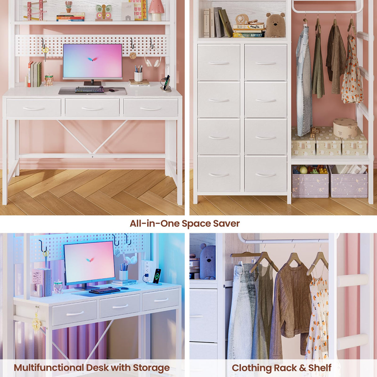 ADORNEVE Twin Size Loft Bed with Desk, 11 Storage Drawers & RGB LED Lights, Metal Loft Bed with Power Outlet, Shelves & Clothing Rack, 13.4" H Safety Guard & Paded Ladder, White ADORNEVE