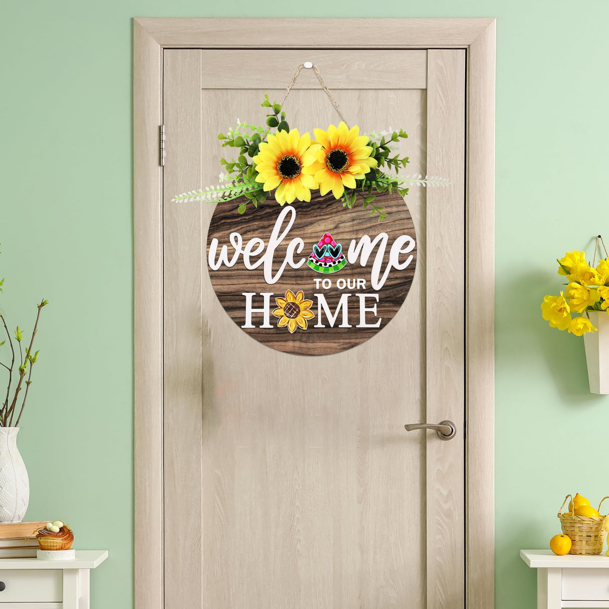 Interchangeable Welcome Sign for Front Door with 4 Seasonal Wreaths and 21 Changeable Icons, Farmhouse Rustic Outdoor Welcome Signs Porch, Holiday Spring Summer Winter Fall Decorations for Home Gifts OWUH