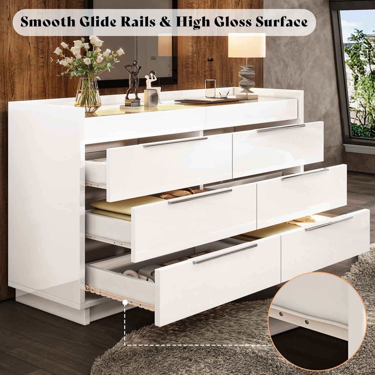 AMERLIFE 47.2" W 8 Drawer Dresser with LED Light & Glass Top, Modern High Gloss Storage Chest with 2 Jewelry Drawers, Storage Organizer for Bedroom, White AMERLIFE